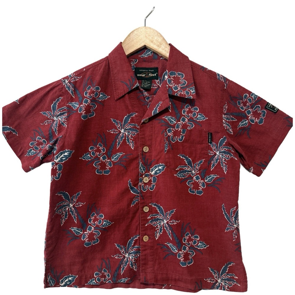 Wear First‎ Maroon Tropical Button Up Short Sleeve Size Youth Medium 100% Cotton